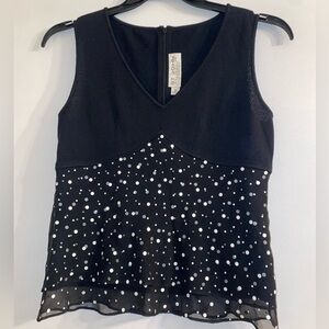 St. John Top by Marie Gray 4 Black Knit Shell White Sheer Paillette Dot Layers